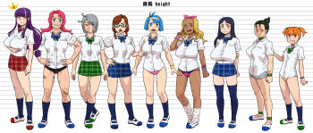 6+girls amanai_sora bandaid bitch_gakuen black_hair blonde_hair blue_eyes blue_hair blunt_bangs blush bow braid breast_hold breasts brown_hair clenched_teeth expressionless female_focus full_body furuya_touko glasses green_eyes grey_hair groin gyaru habatakuhituji hair_bow hair_bun hair_over_one_eye hands_on_own_hips height_comparison height_difference highres huge_breasts ikaru_miho kenjou_miyabi kneehighs koganei_akina large_breasts legs long_hair looking_at_viewer loose_socks low-tied_long_hair mahou_iori multiple_girls orange_eyes orange_hair original panties purple_hair red_eyes red_hair sakai_yuria school_uniform serious shida_maara shoes short_hair sidelocks simple_background single_hair_bun skirt small_breasts smile socks standing teeth thighhighs thighs twin_braids twintails underwear white_background yatsurugi_moroha yellow_eyes zettai_ryouiki