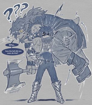 1girl 1other ? ?? absurdres armlet armor armored_boots axe belt boots clawed_gauntlets colored_sclera deltarune english_text freckles furry furry_female hand_on_own_hip highres holding holding_axe jewelry kris_(dark_world)_(deltarune) kris_(deltarune) latencyknight lifting_person long_hair open_mouth reptile_girl scarf short_hair speech_bubble spiked_armlet surprised susie_(dark_world)_(deltarune) susie_(deltarune) tail utdr_(toby_fox) yellow_sclera