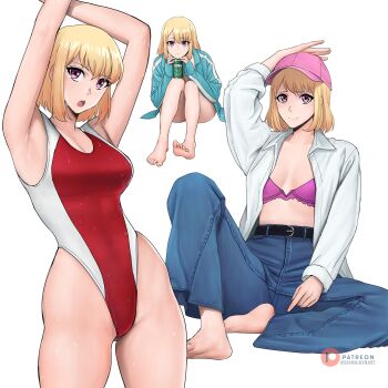 1girl :o absurdres aqua_jacket armpits arms_up barefoot baseball_cap belt blue_pants bra breasts can cha_hae-in competition_swimsuit denim dismaiden drink_can hat highleg highleg_one-piece_swimsuit highres jacket jeans medium_breasts multiple_views one-piece_swimsuit open_clothes open_mouth open_shirt pants pink_hat purple_bra purple_eyes red_one-piece_swimsuit shirt simple_background sitting solo_leveling swimsuit underwear wet white_background white_shirt