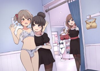 1boy 2girls absurdres black_dress black_eyes black_hair blue_bra blue_panties bra brown_eyes brown_hair bulge changing_room crossdressing cum cum_string dress erection erection_under_clothes female_pervert femdom gloves grey_hair hair_bun hair_ornament hair_scrunchie handjob handjob_over_clothes highres indoors kikiu_bd lingerie multiple_girls open_mouth original panties pantyhose pervert pink_sash public_indecency puffy_short_sleeves puffy_sleeves sash scrunchie short_sleeves trap twintails underwear white_gloves