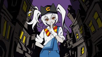 1girl arm_behind_back baseball_cap black_hat bow building closed_mouth collared_shirt commentary_request diagonal-striped_bow dress_shirt finger_to_mouth gloves hair_between_eyes hand_up hat kanaria_(vtuber) lam_(ramdayo) long_hair looking_at_viewer outdoors overalls purple_sky red_eyes shirt short_sleeves shushing sky smile solo striped_bow twintails virtual_youtuber vocaloid white_gloves white_hair white_shirt