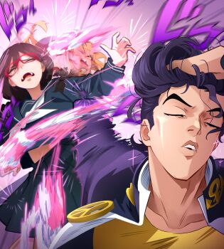 1boy 1girl absurdres adjusting_hair afterimage black-framed_eyewear black_serafuku bleached_hair braid closed_eyes commentary diamond_wa_kudakenai emergence_(shindol) english_commentary gakuran glasses good_end gyaru hair_slicked_back hand_in_own_hair hand_on_own_head higashikata_josuke highres jojo_no_kimyou_na_bouken jujutsu_kaisen khyle. meme naoya_hitting_choso_without_looking_(meme) neckerchief peace_symbol pompadour punching rapid_punches scene_reference school_uniform serafuku sparkle tracen_school_uniform twin_braids white_neckerchief yoshida_saki