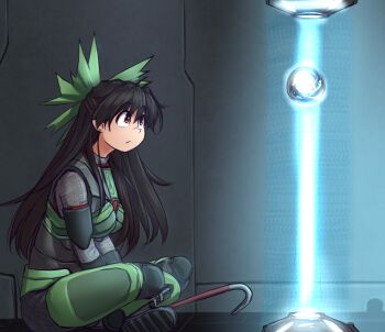 1girl :/ armor black_hair bodysuit boots bow breastplate butterfly_sitting closed_mouth cosplay crowbar energy female_focus floating from_side full_body gordon_freeman gordon_freeman_(cosplay) hair_bow half-life half-life_(series) half-life_2 hater_(hatater) hev_suit holding holding_crowbar indoors long_hair no_wings orb pointy_ears red_eyes reiuji_utsuho sitting solo touhou