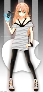 1girl ahoge antenna_hair armpit_crease artist_name bare_shoulders black_leggings blonde_hair bracelet breasts cellphone collarbone dress_shirt feet female_focus full_body green_eyes hair_flaps halterneck hand_on_own_hip hand_up head_tilt high_heel_sandals holding holding_phone hoshii_miki idol idolmaster idolmaster_(classic) iphone jewelry leggings legs long_hair looking_at_viewer medium_breasts namco off_shoulder phone sandals seductive_smile shirt sidelocks smartphone smile standing toes