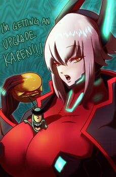 Rule 34 | 1boy, 1girl, antenna, between breasts, black gloves, bodysuit, breasts, burger, cheese, cyborg, cyclops, english text, food, gloves, highres, hornikoshi, jacket, large breasts, lettuce, one-eyed, plankton (spongebob), pointing, red bodysuit, red eyes, size difference, spongebob squarepants (series), tomato, virtual youtuber, vshojo, white hair, yellow eyes, zentreya, zentreya (cyborg), zentreya (cyborg) (1st costume)