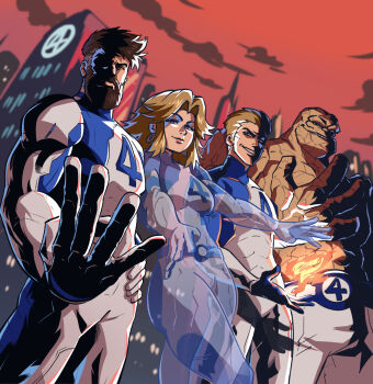 1girl 3boys beard ben_grimm blonde_hair blue_bodysuit bodysuit brother_and_sister facial_hair fantastic_four fire highres human_torch johnny_storm long_hair looking_at_viewer marvel marvel_rivals multicolored_bodysuit multiple_boys muscular muscular_male partially_invisible reed_richards siblings smile sue_storm superhero_costume tina_fate two-tone_bodysuit white_bodysuit
