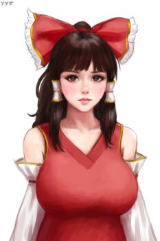 Rule 34 | 1girl, black hair, blush, bow, breasts, brown eyes, detached sleeves, dress, frilled bow, frills, hair bow, hair tubes, hakurei reimu, large breasts, long hair, looking at viewer, red bow, red dress, ribbon-trimmed sleeves, ribbon trim, solo, touhou, yyf (seaknight)