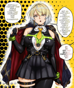 anby_demara bare_shoulders belt black_skirt blonde_hair breasts cropped_legs earrings elbow_gloves evelyn_chevalier fusion gloves highres jewelry large_breasts medium_hair pleated_skirt skirt solo standing thigh_belt thigh_strap umbracallistis watermark white_hair zenless_zone_zero