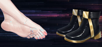 Rule 34 | 1girl, barefoot, black footwear, boots, close-up, doll joints, feet, foot focus, greek toe, highres, joints, liang mu, nail polish, out of frame, pink nails, shoes, soles, solo, toenail polish, toenails, toes, unworn shoes