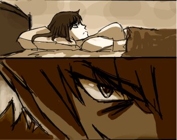 10s 2girls bed breasts evil_smile female_focus flashback kill_la_kill kiryuuin_ragyou kiryuuin_satsuki monochrome multiple_girls roman_imperial sepia sinister smile split_screen thinking