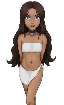 1girl arms_behind_back avatar:_the_last_airbender avatar_legends blue_eyes breasts brown_hair dark-skinned_female dark_skin female_focus humantanchan katara loli long_hair looking_at_viewer navel open_mouth simple_background small_breasts solo standing stomach strapless tube_top white_background