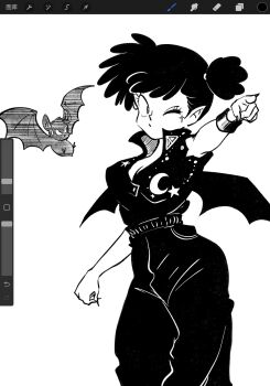 Rule 34 | 1girl, art program in frame, art program request, bat (animal), bat wings, belt, bracelet, breasts, character request, cleavage, copyright request, greyscale, highres, jewelry, luuxiriver, monochrome, one eye closed, pointing, short side ponytail, side ponytail, takahashi rumiko (style), wings