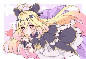Rule 34 | 1girl, blonde hair, blowing kiss, commentary request, cure arcana shadow, dress, hand up, heart, hr.r, long hair, looking at viewer, meitantei precure!, moria luluka, precure, solo, wrist cuffs