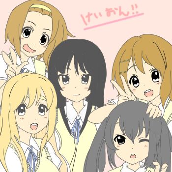 Rule 34 | !, !!, 5girls, akiyama mio, black hair, blonde hair, blue eyes, blush, brown hair, bushy eyebrows, closed mouth, dot nose, feet out of frame, female focus, forehead, hair between eyes, headband, highres, hirasawa yui, japanese text, k-on!, kotobuki tsumugi, long hair, looking at viewer, multiple girls, nakano azusa, one eye closed, open mouth, ribbon, sakuragaoka high school uniform, school uniform, shirt, short hair, short sleeves, standing, sweater vest, tainaka ritsu, teeth, thick eyebrows, translation request, v, white shirt, yellow headband, yellow sweater vest