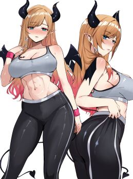 1girl absurdres alternate_costume asymmetrical_bangs bare_shoulders black_pants blonde_hair blush breast_tattoo breasts cleavage clothes_pull collarbone commentary commission contrapposto demon_girl demon_horns demon_tail demon_wings from_side gradient_hair green_hair grey_sports_bra hair_ribbon highres hololive horns large_breasts long_hair looking_at_viewer meeko_illus midriff multicolored_hair multiple_views navel orange_hair pants pants_pull parted_lips pointy_ears ribbon sideboob simple_background sports_bra sportswear standing tail tattoo toned toned_female tress_ribbon virtual_youtuber white_background wings wristband yoga_pants yuzuki_choco