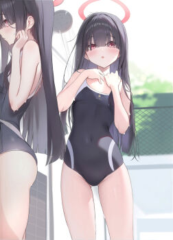 2girls ass black_hair black_one-piece_swimsuit blue_archive blush breasts commentary_request competition_school_swimsuit covered_navel gluteal_fold hair_between_eyes hair_over_eyes halo houraku justice_task_force_member_(blue_archive) loli long_hair multiple_girls multiple_views one-piece_swimsuit open_mouth red_eyes red_halo school_swimsuit showering small_breasts straight_hair swimsuit textless_version thighs very_long_hair wet