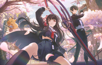 1boy 1girl arm_up black_choker black_hair black_jacket black_pants black_shirt black_skirt blue_sky breasts chisa_(wuthering_waves) choker commentary_request day grey_shirt hair_ribbon highres holding holding_sword holding_weapon id_card jacket long_hair male_rover_(wuthering_waves) medium_breasts namipon_(wuthering_waves) neckerchief outdoors pants parted_lips red_eyes red_neckerchief red_ribbon ribbon rover_(wuthering_waves) sailor_collar saito_(otias) shirt skirt sky sword weapon white_sailor_collar wuthering_waves yellow_eyes