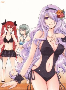 3girls alternate_costume armpits ball bare_arms bare_legs bare_shoulders beachball beruka_(fire_emblem) bikini black_bikini black_hairband black_one-piece_swimsuit blue_bikini blue_hair breasts camilla_(fire_emblem) cleavage collarbone commentary_request crossed_arms eye_contact fire_emblem fire_emblem_fates frilled_bikini frills glaring hairband hand_on_own_chest holding holding_ball holding_beachball large_breasts lightning_glare long_hair looking_at_another looking_at_viewer medium_breasts multiple_girls navel nintendo one-piece_swimsuit purple_eyes red_eyes red_hair selena_(fire_emblem_fates) simple_background small_breasts stomach swimsuit thighs twintails yukito_lin