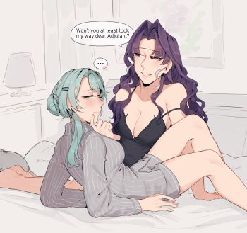 2girls absurdres aqua_eyes aqua_hair black_camisole blush breasts camisole cleavage commentary english_commentary garofano_(path_to_nowhere) grey_shirt grey_shorts hair_bun highres indoors korichi_celeste lamp large_breasts mole mole_on_breast mole_under_eye multiple_girls nightingale_(path_to_nowhere) on_bed parted_lips path_to_nowhere purple_hair red_eyes shirt shorts smile striped_clothes striped_shirt yuri