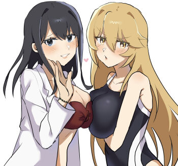 2girls arm_under_breasts asymmetrical_docking bikini black_hair black_one-piece_swimsuit blonde_hair blue_eyes breast_press breasts coat hair_between_eyes highres kihara_yuiitsu lab_coat large_breasts long_hair long_sleeves looking_at_viewer multicolored_swimsuit multiple_girls official_alternate_costume one-piece_swimsuit open_clothes open_coat red_bikini sekainohate shokuhou_misaki smile sparkling_eyes swimsuit toaru_majutsu_no_index toaru_majutsu_no_index:_imaginary_fest tokiwadai_school_swimsuit two-tone_one-piece_swimsuit very_long_hair white_background white_one-piece_swimsuit yellow_eyes