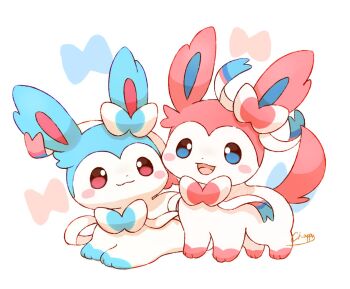 alternate_color animal_focus blue_eyes blue_fur blush bow closed_mouth commentary_request full_body gen_6_pokemon mimix nintendo no_humans open_mouth pink_fur pokemon pokemon_(creature) pokemon_focus red_eyes ribbon shiny_pokemon smile sylveon tail white_fur