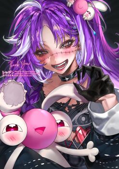 1girl absurdres aegyo_sal artist_name bags_under_eyes black_choker black_gloves black_shirt blush braid choker claw_pose cleavage_cutout clothing_cutout commentary commission creature_on_head earrings english_commentary eyelashes fangs gloves highres jared_(michi_mochievee) jewelry long_hair long_sleeves looking_at_viewer merchandise_available michi_mochievee michi_mochievee_(1st_costume) multicolored_hair open_mouth purple_hair shirt smile solo stitched_face stitches streaked_hair syaden teeth thank_you torn_clothes torn_shirt upper_body virtual_youtuber vshojo watermark white_hair