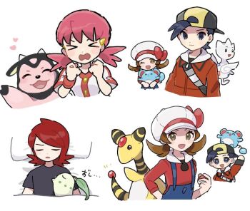 &gt;_&lt; 2boys 2girls ampharos backwards_hat baseball_cap bow brown_eyes brown_hair buttons chikorita closed_eyes eneko_(olavcnkrpucl16a) ethan_(pokemon) gen_2_pokemon hands_up hat hat_bow heart holding holding_poke_ball holding_pokemon jacket lying lyra_(pokemon) marill miltank multiple_boys multiple_girls nintendo notice_lines on_back open_mouth pillow pink_hair poke_ball poke_ball_(basic) pokemon pokemon_(creature) pokemon_hgss red_hair red_jacket shirt short_sleeves silver_(pokemon) t-shirt togetic twintails white_hat whitney_(pokemon) wristband