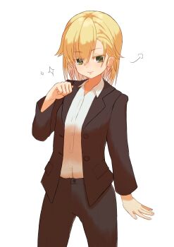 Rule 34 | 1girl, :3, alternate costume, arm at side, black jacket, black pants, black suit, blonde hair, cdefsorab, clenched hand, closed mouth, collared shirt, colored eyelashes, commentary request, cowboy shot, dress shirt, eyes visible through hair, flipped hair, formal clothes, green eyes, hair behind ear, hair between eyes, hand up, highres, jacket, kariya wakana, long sleeves, looking at viewer, medium hair, office lady, open clothes, open jacket, pants, puff of air, sanoba witch, shirt, simple background, smile, smug, solo, sparkle, suit, suit jacket, v-shaped eyebrows, white background, white shirt
