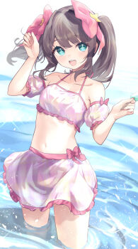 Rule 34 | + +, 1girl, :d, arm up, bare shoulders, bikini, blue eyes, blush, bow, breasts, brown hair, commentary request, detached sleeves, food, hair bow, hair intakes, hand up, hands up, highres, holding, holding food, looking at viewer, meyamu, navel, open mouth, original, pink bow, popsicle, puffy short sleeves, puffy sleeves, short sleeves, small breasts, smile, solo, standing, swimsuit, twintails, wading, water, white bikini, white sleeves
