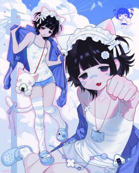 1girl :3 aegyo_sal animal_ears bird black_eyes black_hair blue_jacket blue_shorts blunt_bangs camisole cat_ears cat_tail chibi cloud collarbone commentary crocs dolphin_shorts english_commentary facial_mark fang food_print frilled_hairband frills grin gyuing666 hair_ornament hairband highres holding holding_jacket holding_unworn_clothes jacket jitome light_blush medium_hair multiple_views off_shoulder onigiri_print open_mouth original outstretched_arm parted_lips power_lines ribbon shorts sitting smile socks solid_circle_eyes standing star_(symbol) star_print striped_clothes striped_thighhighs stuffed_toy tail tail_ornament tail_ribbon thighhighs unworn_jacket utility_pole vertical-striped_clothes vertical-striped_thighhighs whisker_markings white_camisole white_hairband white_socks white_tail
