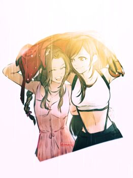 2girls :d ^_^ aerith_gainsborough armpit_crease arms_up artist_name black_skirt braid breasts brown_hair closed_eyes collarbone crop_top dress earrings elbow_pads final_fantasy final_fantasy_vii final_fantasy_vii_remake floating_earrings highres hover_hand improvised_umbrella jacket jacket_over_head jewelry long_hair maiii_(smaii_i) medium_breasts midriff multiple_girls navel open_mouth parted_bangs pink_dress rain shared_improvised_umbrella sharing skirt smile suspender_skirt suspenders swept_bangs tank_top teeth tifa_lockhart twitter_username unworn_jacket upper_teeth_only white_tank_top