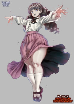 1girl artist_name black_ribbon black_shoes brown_hair bulge commentary drill_hair face_piercing fear_&amp;_hunger_(series) fear_&amp;_hunger_2:_termina flat_chest frilled_shirt_collar frills full_body grey_background highres knees long_hair long_sleeves looking_at_viewer marina_(fear_&amp;_hunger) mary_janes mouth_piercing neck_ribbon outstretched_arms paid_reward_available parted_lips patreon_username piercing pink_skirt pleated_skirt purple_eyes ribbon shirt shirt_tucked_in shoes skirt socks solo spread_arms the_golden_smurf thick_thighs thighs twin_drills white_shirt white_socks wide_hips