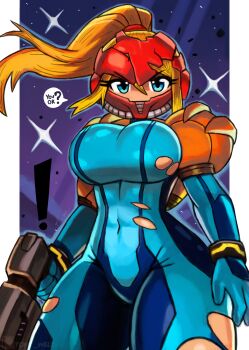 ! 1girl ? absurdres armor blonde_hair blue_bodysuit blue_eyes bodysuit breasts broken_helmet energy_gun gun helmet highres holding holding_gun holding_weapon large_breasts long_hair looking_at_viewer metroid nintendo open_mouth orange_armor paralyzer power_suit_(metroid) ray_gun red_helmet samus_aran shoulder_armor sidelocks sky space sparkle speech_bubble spoken_question_mark standing star_(sky) starry_sky thick_thighs thighs tony_welt torn_bodysuit torn_clothes weapon wide_hips zero_suit