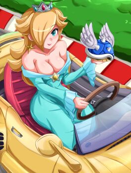 Rule 34 | 1girl, alternate breast size (larger), aqua eyes, bare shoulders, blonde hair, blue dress, blue eyes, blue shell (mario), blush, breasts, car, cleavage, crown, downblouse, dress, driving, earrings, female focus, hair over one eye, jewelry, large breasts, long hair, mario (series), mario kart, mario kart 64, mario kart wii, motor vehicle, nintendo, no bra, off shoulder, rosalina, sigurd hosenfeld, smile, solo, super mario bros. 1, super mario galaxy, yellow car