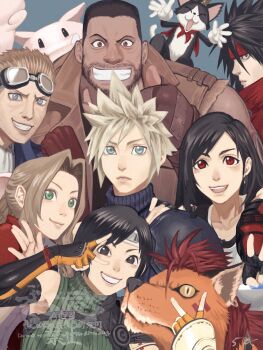 3girls 5boys 5tatsu aerith_gainsborough ascot bare_shoulders barret_wallace black_gloves black_hair blonde_hair blue_eyes blue_jacket blue_sweater brown_eyes brown_hair brown_vest cait_sith_(final_fantasy) cat cid_highwind closed_mouth cloud_strife collarbone commentary_request dark-skinned_male dark_skin double_v earrings facial_hair final_fantasy final_fantasy_vii final_fantasy_vii_rebirth final_fantasy_vii_remake fingerless_gloves gloves goggles goggles_on_head green_eyes green_sweater grin hand_on_another's_shoulder headband highres jacket jewelry long_hair looking_at_viewer moogle multiple_boys multiple_girls open_mouth orange_fur parted_bangs parted_lips red_eyes red_hair red_headband red_jacket red_xiii ribbed_sweater short_hair sleeveless sleeveless_turtleneck smile spiked_hair sweater swept_bangs tifa_lockhart turtleneck turtleneck_sweater upper_body v vest vincent_valentine watermark white_ascot yuffie_kisaragi