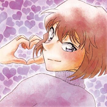 Rule 34 | 1girl, blush, brown hair, closed mouth, commentary request, from behind, heart, heart background, heart hands, highres, long sleeves, looking back, looking to the side, meitantei conan, miyano shiho, ponblue, portrait, purple background, purple theme, short hair, smile, solo