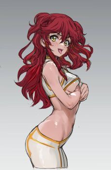 Rule 34 | 1girl, bare shoulders, bike shorts, breasts, commentary request, cropped legs, curly hair, freckles, from side, gradient background, grey background, gundam, gundam 00, highres, huo ji wu, long hair, looking at viewer, medium breasts, nena trinity, oekaki, red hair, sideboob, sketch, sleeveless, solo, standing, tongue, tongue out, underboob, yellow eyes