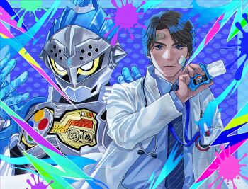 Rule 34 | 1boy, armor, bandaid, bandaid on face, bandaid on head, blue bodysuit, blue eyes, blue gem, blue gloves, blue helmet, blue necktie, blue shirt, bodysuit, breastplate, bright pupils, brown hair, buttons, coat, collared coat, collared shirt, doctor, fire, forehead jewel, gameplay mechanics, gem, gloves, grey armor, hands up, health bar, helmet, highres, holding, ice, id card, jewelry, kagami hiiro, kamen rider, kamen rider brave, kamen rider ex-aid (series), knight, lab coat, lightning bolt symbol, mask, necktie, rider gashat, sasakura34, serious, shirt, short hair, snowflakes, splashing, stethoscope, visor (armor), white coat, white pupils, yellow eyes