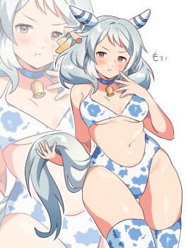 1girl animal_ears animal_print bikini blue_choker blush breasts brown_eyes choker com_draw_ouo cow_print cow_print_bikini cow_print_thighhighs ear_covers ear_ornament grey_hair hand_to_own_mouth hishi_miracle_(umamusume) holding_own_tail horse_ears horse_girl horse_tail medium_breasts medium_hair navel neck_bell pout print_bikini print_thighhighs solo standing swimsuit tail thigh_gap thighhighs umamusume white_background wide_hips