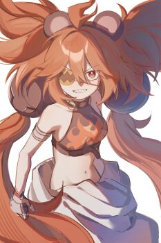 1girl ahoge animal_ears bare_shoulders bear_ears black_gloves breasts crop_top eyepatch fake_animal_ears fingerless_gloves gloves hair_between_eyes hair_ornament highres holding koleda_belobog long_hair looking_at_viewer midriff navel pants red_eyes red_hair ris_0811 simple_background solo sphere_hair_ornament twintails zenless_zone_zero