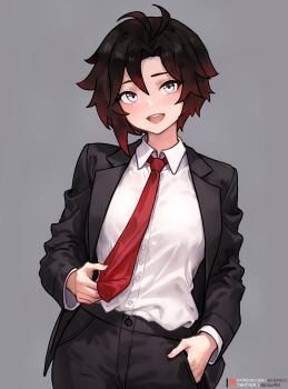 1girl absurdres ahoge bluefield commentary cowboy_shot english_commentary formal_clothes grey_background grey_eyes hair_between_eyes hand_in_pocket highres long_sleeves looking_at_viewer necktie open_mouth patreon_logo patreon_username ruby_rose rwby short_hair simple_background solo suit teeth tongue twitter_username
