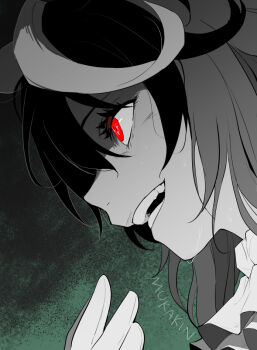 1girl animal_ears artist_name commentary_request gloves glowing glowing_eyes greyscale_with_colored_background horse_ears horse_girl long_hair looking_afar mukakin multicolored_hair parted_lips portrait red_eyes shaded_face solo streaked_hair sweat symboli_rudolf_(emperor&#039;s_path)_(umamusume) symboli_rudolf_(umamusume) two-tone_hair umamusume