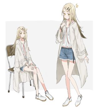 1girl absurdres bare_legs blonde_hair blush camisole colored_eyelashes commentary_request denim denim_shorts flipped_hair full_body gakuen_idolmaster gradient_hair grey_hair highres idolmaster long_hair long_sleeves looking_at_viewer multicolored_hair multiple_views notice_lines orange_eyes paladidao123 robe rope_belt shinosawa_hiro shoes short_shorts shorts simple_background sitting sparkle standing very_long_hair white_camisole white_robe white_shoes