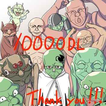 Rule 34 | anger vein, armor, bald, banamei, bug, colored skin, commentary request, dog, goblin, goblin conqueror, green skin, happy, highres, looking at viewer, milestone celebration, monster, multiple boys, muscular, muscular male, nude, official art, orc, simple background, smile, spider, ugly bastard, veins