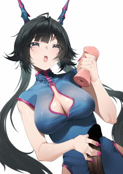 1boy 1girl absurdres alternate_costume arknights arknights:_endfield black_hair blue_dress blue_horns breasts censored chen_qianyu_(arknights) china_dress chinese_clothes cleavage_cutout clothing_cutout commentary_request dragon_girl dragon_horns dress erection ghosty_(xiaobai) handjob hetero highres holding horns large_breasts long_hair open_mouth penis simple_background solo_focus very_long_hair white_background