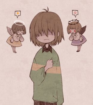 Rule 34 | 1other, ahoge, angel, black footwear, black pants, black wings, blunt bangs, blunt sidelocks, brown hair, closed eyes, closed mouth, collared sweater, commentary, deltarune, dress, eleanor (ohmyeleanor), frown, green sweater, kris (deltarune), messy hair, other focus, own hands together, pants, purple dress, red eyes, shaded face, short hair, shoulder angel, sidelocks, simple background, smile, smiley face, solo, spoken smile, spoken sparkle, sweater, undertale, utdr (toby fox), white background, white footwear, white wings, wings, yellow dress