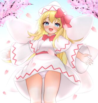 1girl bare_legs blonde_hair blue_eyes blush bow bowtie capelet cherry_blossoms commentary dress fairy fairy_wings falling_petals feet_out_of_frame floral_print gluteal_fold hat highres kasoka_soka lily_white long_hair looking_at_viewer outdoors outstretched_arms panties pantyshot petals print_panties red_bow red_bowtie smile solo straight_hair touhou underwear very_long_hair white_capelet white_dress white_hat white_panties wings