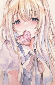 1girl absurdres alice&#039;s_adventures_in_wonderland alice_(alice_in_wonderland) blonde_hair blue_dress breasts collared_shirt commentary dress eat_me hairband highres kamu_kotan long_hair looking_at_viewer mouth_hold neck_ribbon pinafore_dress puffy_short_sleeves puffy_sleeves purple_eyes red_hairband red_ribbon ribbon shirt short_sleeves sleeveless sleeveless_dress traditional_media white_shirt