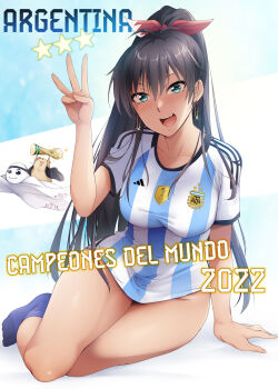 1girl 2022 2022_fifa_world_cup alternate_costume argentina argentinian_flag argentinian_flag_print black_hair commentary fifa_world_cup_trophy finger_counting flag_print ganaha_hibiki green_eyes hair_ribbon hamuzou highres idolmaster kaiga la'eeb long_hair open_mouth red_ribbon ribbon shiny_skin shirt soccer soccer_uniform sportswear striped_clothes striped_shirt thighs vertical-striped_clothes vertical-striped_shirt world_cup