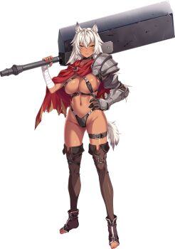 Rule 34 | 1girl, animal ears, armor, bikini, bikini armor, dark skin, female focus, full body, game cg, highres, hikage eiji, knight, kuroinu gaiden ~in'yoku ni oboreta shouki-tachi no monogatari~, kuroinu ~kedakaki seijo wa hakudaku ni somaru~, leona (kuroinu), liquid (company), looking at viewer, mercenary, official art, simple background, solo, standing, swimsuit, sword, tachi-e, tail, warrior, weapon, white background, white hair, wolf ears, wolf girl, wolf tail